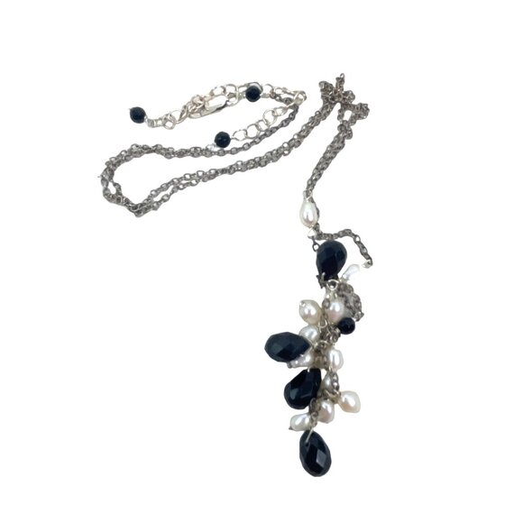 Elegant Black Agate and White Freshwater Pearl Teardrop Pendant Necklace With Ad - Picture 9 of 9